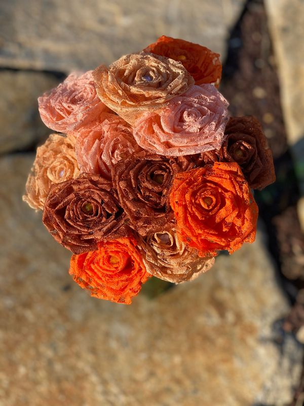 Orange Lace Roses with Stems, Lace Flower Bouquet, Lace Flowers, Lace Roses, 13th Wedding Anniversary Gift, Lace Gift for Her, Thirteenth