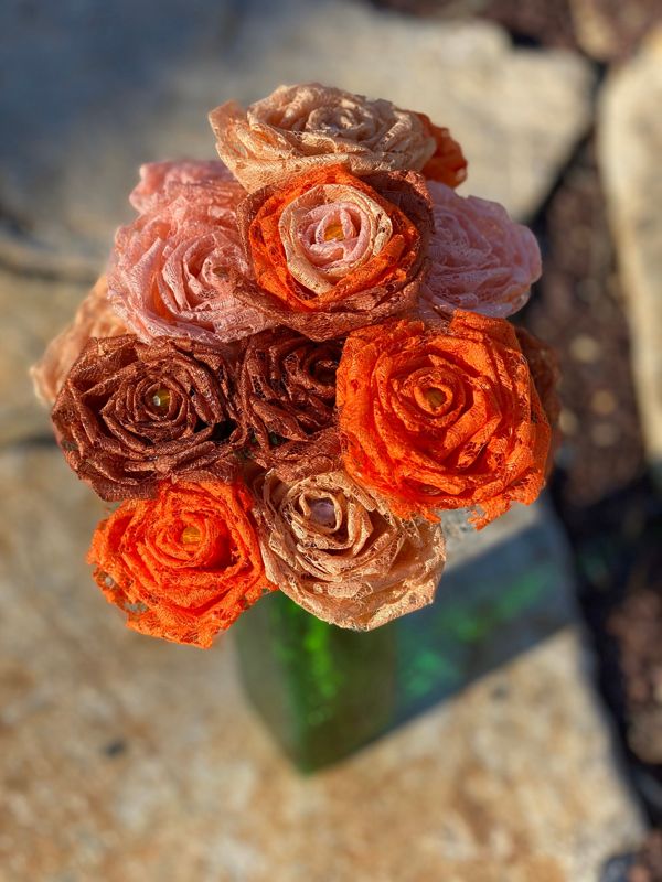 Orange Lace Roses with Stems, Lace Flower Bouquet, Lace Flowers, Lace Roses, 13th Wedding Anniversary Gift, Lace Gift for Her, Thirteenth