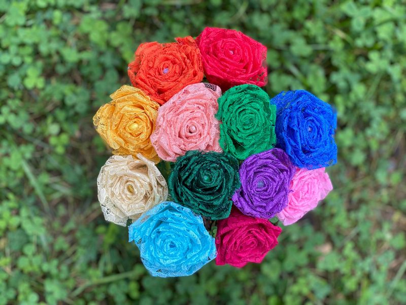 Rainbow Lace Roses with Stems, Lace Flower Bouquet, Lace Flowers, Lace Roses, 13th Wedding Anniversary Gift, Lace Gift for Her, Thirteenth