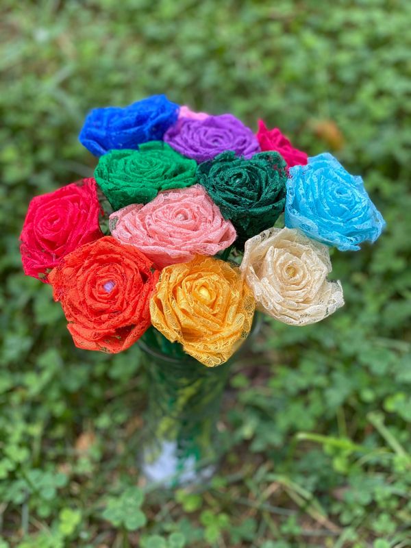 Rainbow Lace Roses with Stems, Lace Flower Bouquet, Lace Flowers, Lace Roses, 13th Wedding Anniversary Gift, Lace Gift for Her, Thirteenth