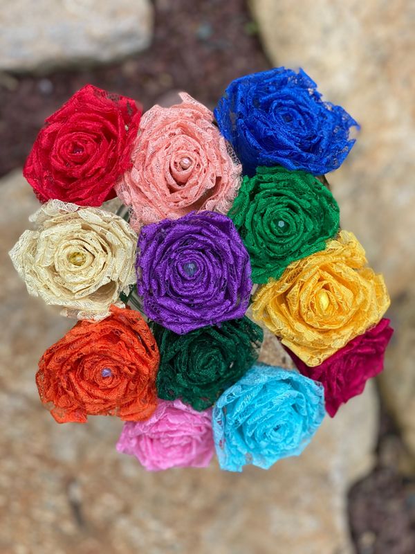 Rainbow Lace Roses with Stems, Lace Flower Bouquet, Lace Flowers, Lace Roses, 13th Wedding Anniversary Gift, Lace Gift for Her, Thirteenth