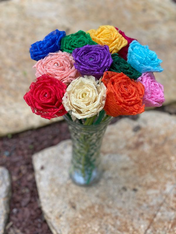Rainbow Lace Roses with Stems, Lace Flower Bouquet, Lace Flowers, Lace Roses, 13th Wedding Anniversary Gift, Lace Gift for Her, Thirteenth