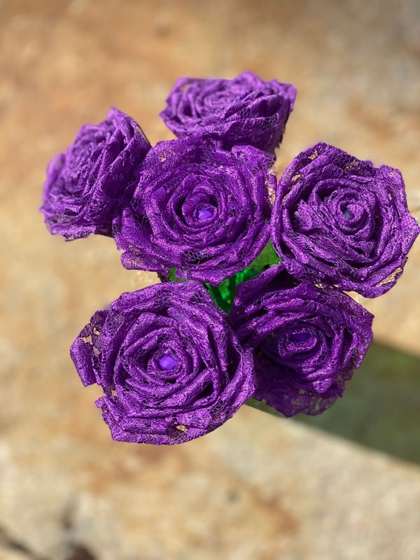 Purple Lace Roses with Stems, Lace Flower Bouquet, Lace Roses, Lace Flowers, 13th Wedding Anniversary Gift, Lace Gift for Her, Thirteenth