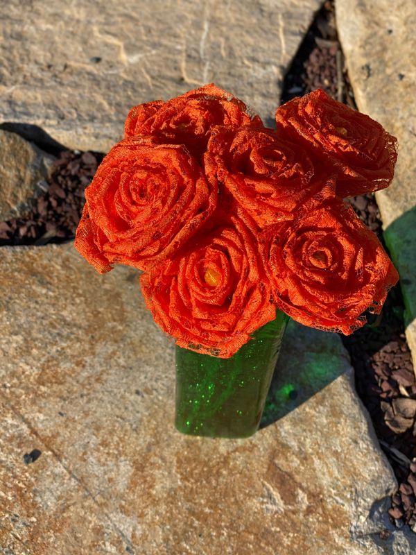 Orange Lace Roses with Stems, Lace Flower Bouquet, Lace Roses, Lace Flowers, 13th Wedding Anniversary Gift, Lace Gift for Her, Thirteenth
