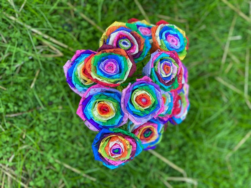 Rainbow Lace Roses with Stems, Lace Flower Bouquet, Lace Roses, Lace Flowers, 13th Wedding Anniversary Gift, Lace Gift for Her, Thirteenth