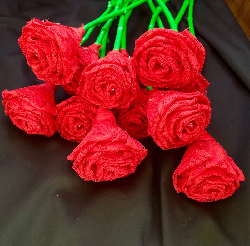 Red Lace Roses with Stems, Red Lace Flower Bouquet, Lace Flowers, Lace Roses, Red Roses, 13th Wedding Anniversary Gift, Wedding Bouquet