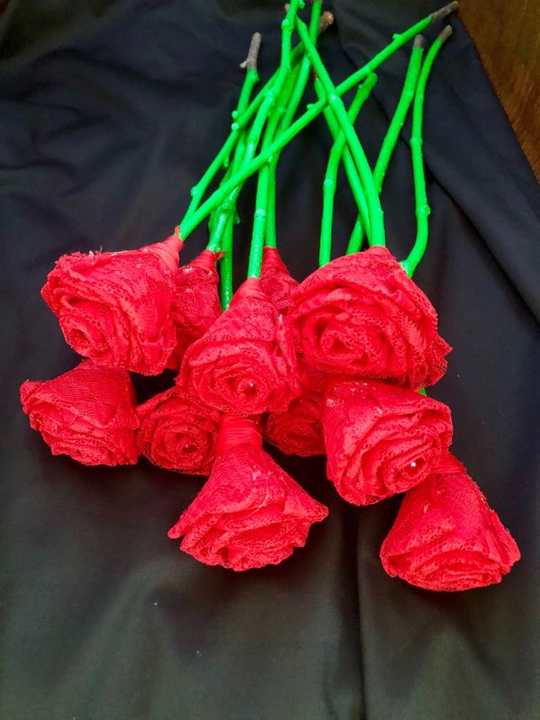 Red Lace Roses with Stems, Red Lace Flower Bouquet, Lace Flowers, Lace Roses, Red Roses, 13th Wedding Anniversary Gift, Wedding Bouquet
