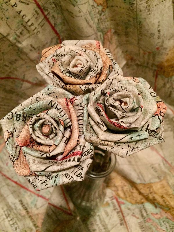Map Print Cotton Roses with Stems, Wedding Bouquet, Map Print Roses, Cotton Roses, Cotton Anniversary, Second Anniversary, Gift for Her