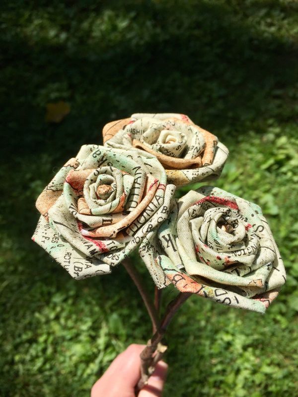 Map Print Cotton Roses with Stems, Wedding Bouquet, Map Print Roses, Cotton Roses, Cotton Anniversary, Second Anniversary, Gift for Her