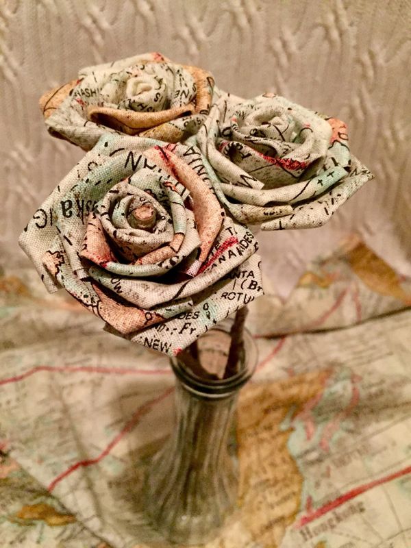 Map Print Cotton Roses with Stems, Wedding Bouquet, Map Print Roses, Cotton Roses, Cotton Anniversary, Second Anniversary, Gift for Her