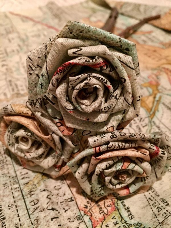 Map Print Cotton Roses with Stems, Wedding Bouquet, Map Print Roses, Cotton Roses, Cotton Anniversary, Second Anniversary, Gift for Her