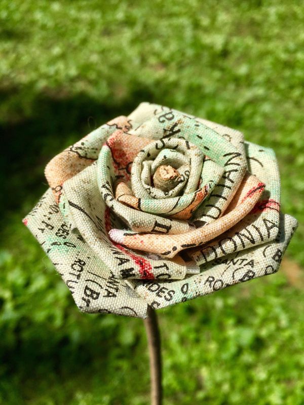 Map Print Cotton Roses with Stems, Wedding Bouquet, Map Print Roses, Cotton Roses, Cotton Anniversary, Second Anniversary, Gift for Her