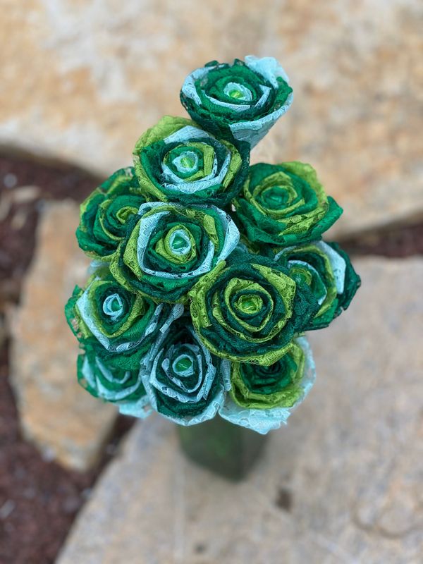 Ombré Green Lace Roses with Stem, Green Lace Flower Bouquet, Green Lace Flower, Green Lace Rose, 13th Wedding Anniversary Gift, Gift for Her