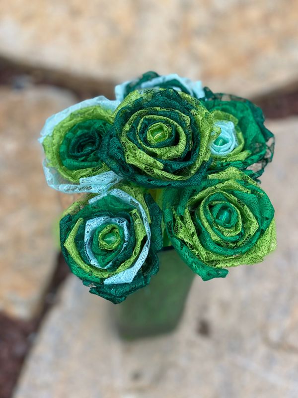 Ombré Green Lace Roses with Stem, Green Lace Flower Bouquet, Green Lace Flower, Green Lace Rose, 13th Wedding Anniversary Gift, Gift for Her