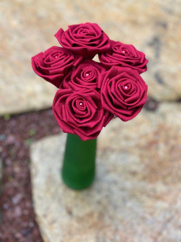 Red Linen Roses with Stems, Linen Flower Bouquet, Linen Flowers, Linen Roses, 12th Wedding Anniversary Gift, Linen Gift for Her, Twelfth