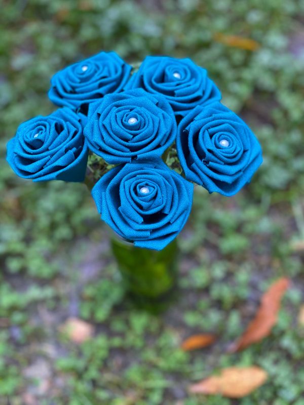 Teal Linen Roses with Stems, Linen Flower Bouquet, Linen Flowers, Linen Roses, 12th Wedding Anniversary Gift, Linen Gift for Her, Twelfth