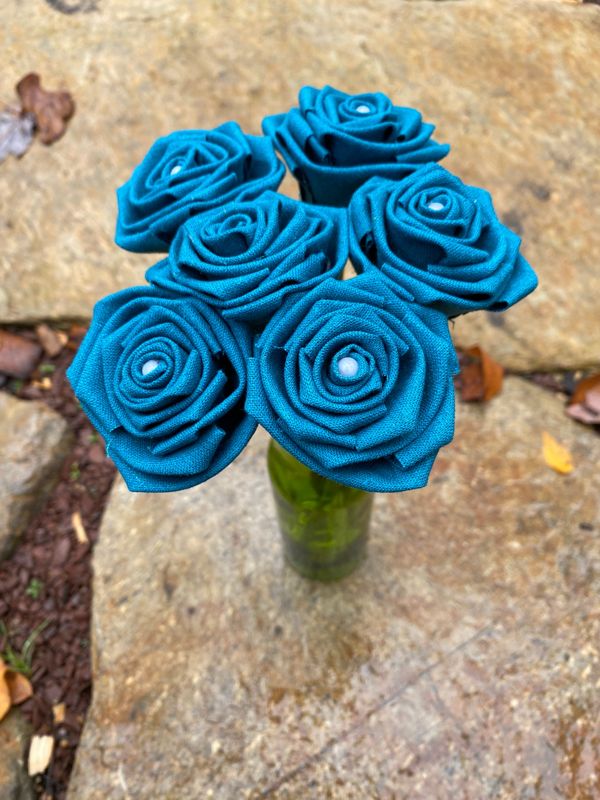 Teal Linen Roses with Stems, Linen Flower Bouquet, Linen Flowers, Linen Roses, 12th Wedding Anniversary Gift, Linen Gift for Her, Twelfth
