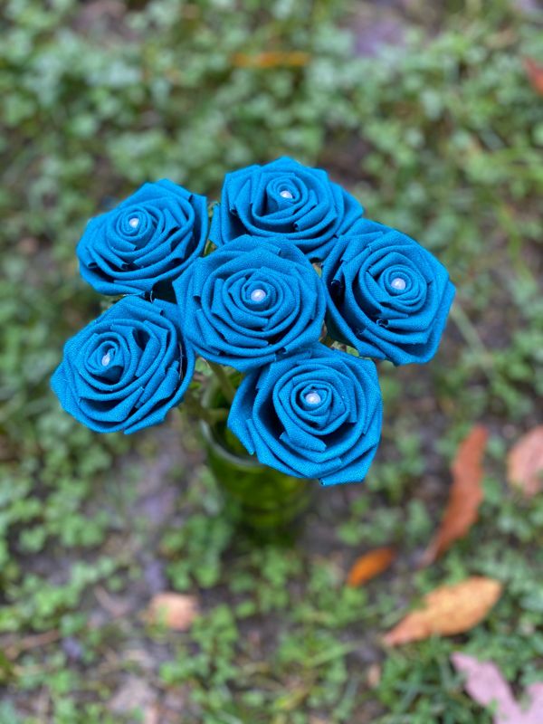 Teal Linen Roses with Stems, Linen Flower Bouquet, Linen Flowers, Linen Roses, 12th Wedding Anniversary Gift, Linen Gift for Her, Twelfth
