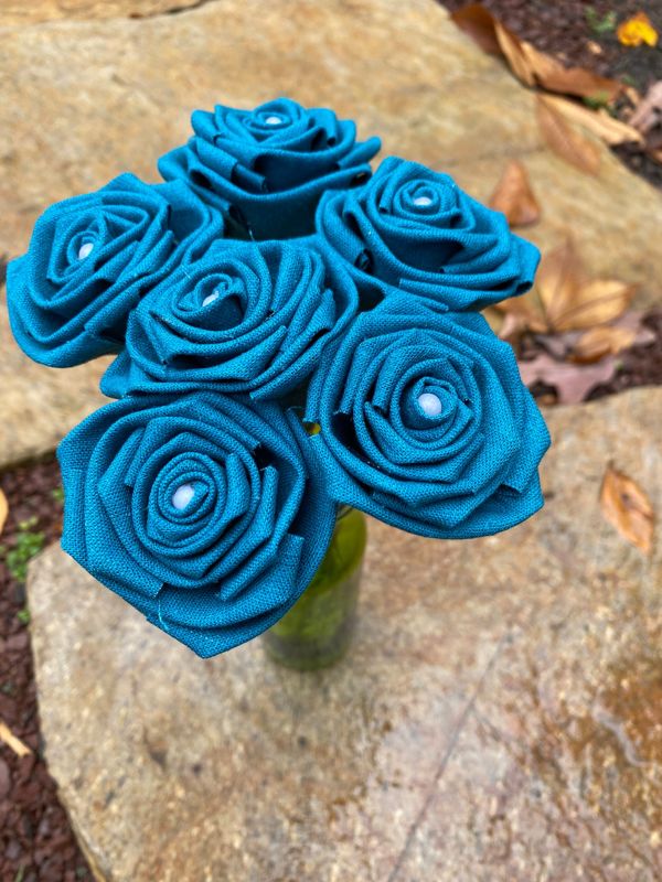 Teal Linen Roses with Stems, Linen Flower Bouquet, Linen Flowers, Linen Roses, 12th Wedding Anniversary Gift, Linen Gift for Her, Twelfth
