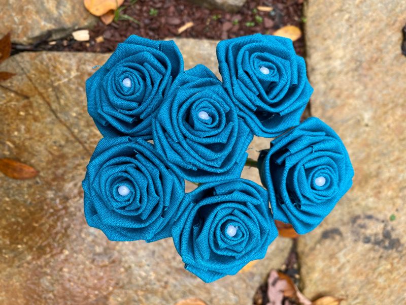 Teal Linen Roses with Stems, Linen Flower Bouquet, Linen Flowers, Linen Roses, 12th Wedding Anniversary Gift, Linen Gift for Her, Twelfth
