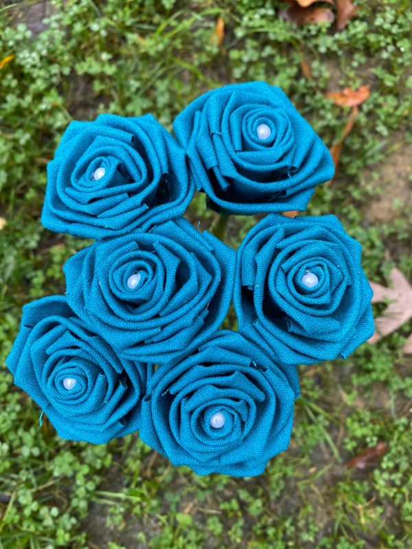 Teal Linen Roses with Stems, Linen Flower Bouquet, Linen Flowers, Linen Roses, 12th Wedding Anniversary Gift, Linen Gift for Her, Twelfth