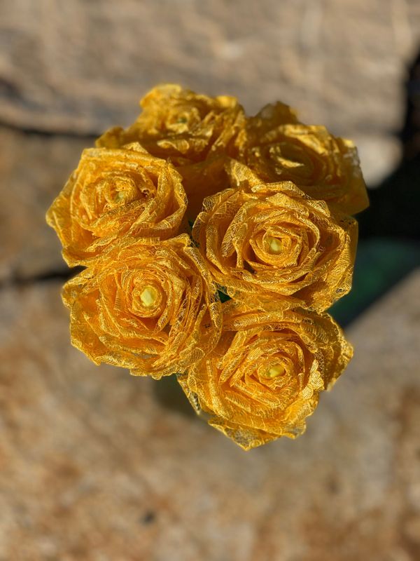 Bright Yellow Lace Roses with Stems, Lace Bouquet, Lace Flowers, Lace Roses, 13th Wedding Anniversary Gift, Lace Gift for Her, Thirteenth