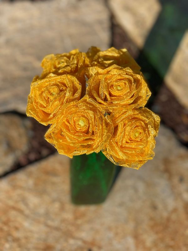 Bright Yellow Lace Roses with Stems, Lace Bouquet, Lace Flowers, Lace Roses, 13th Wedding Anniversary Gift, Lace Gift for Her, Thirteenth