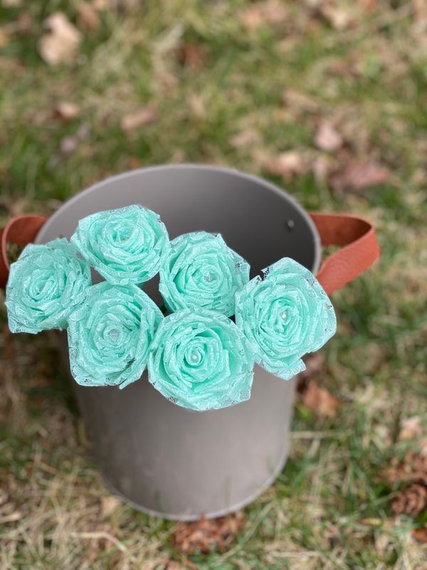 Mint GreenLace Roses with Stems, Lace Flower Bouquet, Lace Flowers, Lace Roses, 13th Wedding Anniversary Gift, Lace Gift for Her, Thirteenth