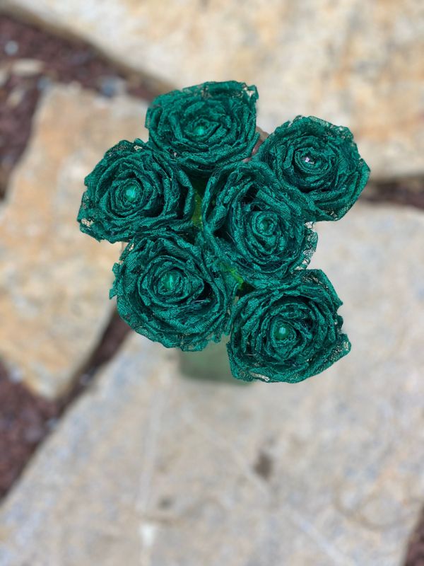 Dark Green Lace Roses with Stems, Lace Flower Bouquet, Lace Flower, Lace Roses, 13th Wedding Anniversary Gift, Lace Gift for Her, Thirteenth