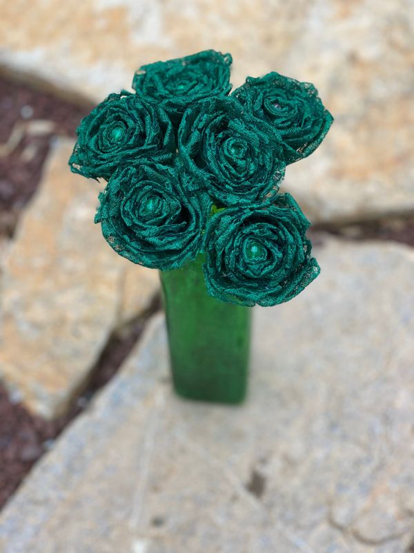 Dark Green Lace Roses with Stems, Lace Flower Bouquet, Lace Flower, Lace Roses, 13th Wedding Anniversary Gift, Lace Gift for Her, Thirteenth