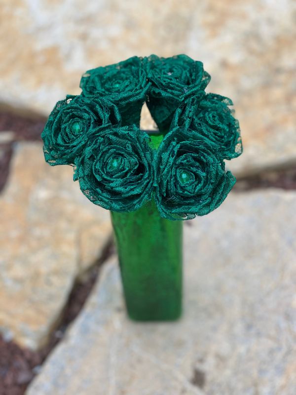 Dark Green Lace Roses with Stems, Lace Flower Bouquet, Lace Flower, Lace Roses, 13th Wedding Anniversary Gift, Lace Gift for Her, Thirteenth