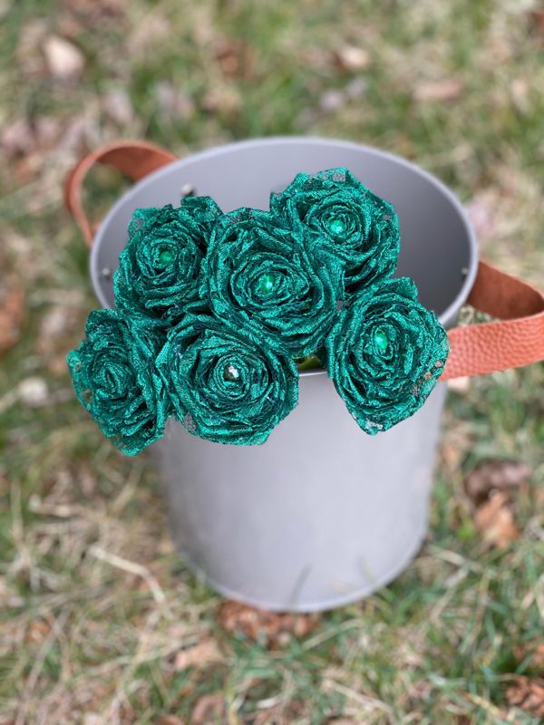 Dark Green Lace Roses with Stems, Lace Flower Bouquet, Lace Flower, Lace Roses, 13th Wedding Anniversary Gift, Lace Gift for Her, Thirteenth