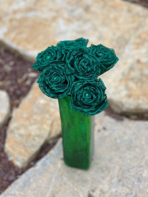 Dark Green Lace Roses with Stems, Lace Flower Bouquet, Lace Flower, Lace Roses, 13th Wedding Anniversary Gift, Lace Gift for Her, Thirteenth