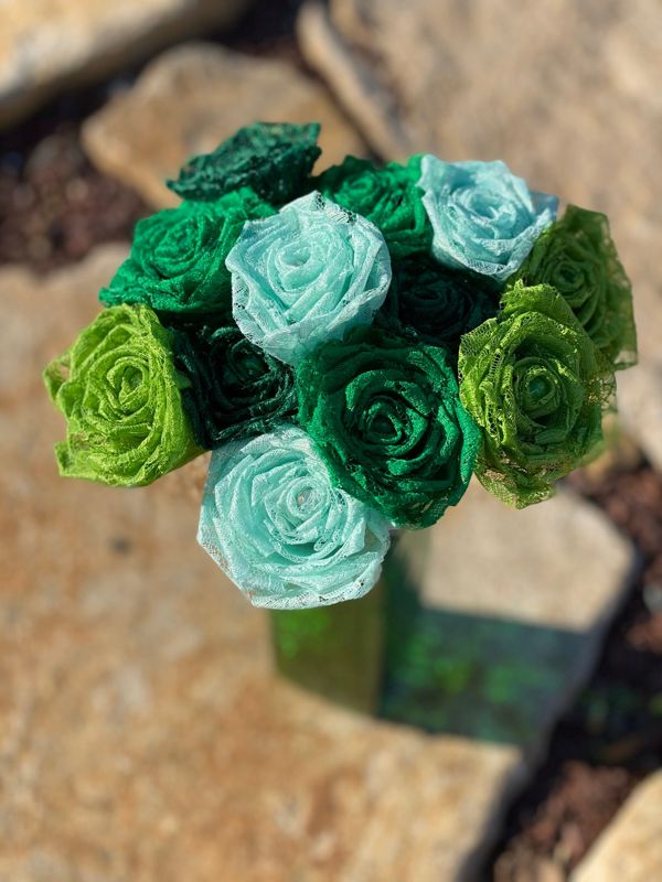 Asst Green Lace Roses with Stems, Lace Flower Bouquet, Lace Flower, Lace Roses, 13th Wedding Anniversary Gift, Lace Gift for Her, Thirteenth