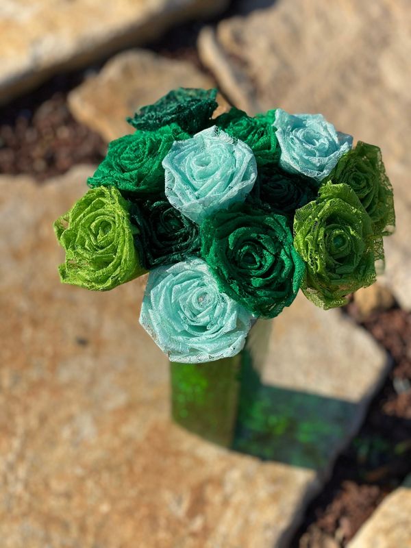 Asst Green Lace Roses with Stems, Lace Flower Bouquet, Lace Flower, Lace Roses, 13th Wedding Anniversary Gift, Lace Gift for Her, Thirteenth