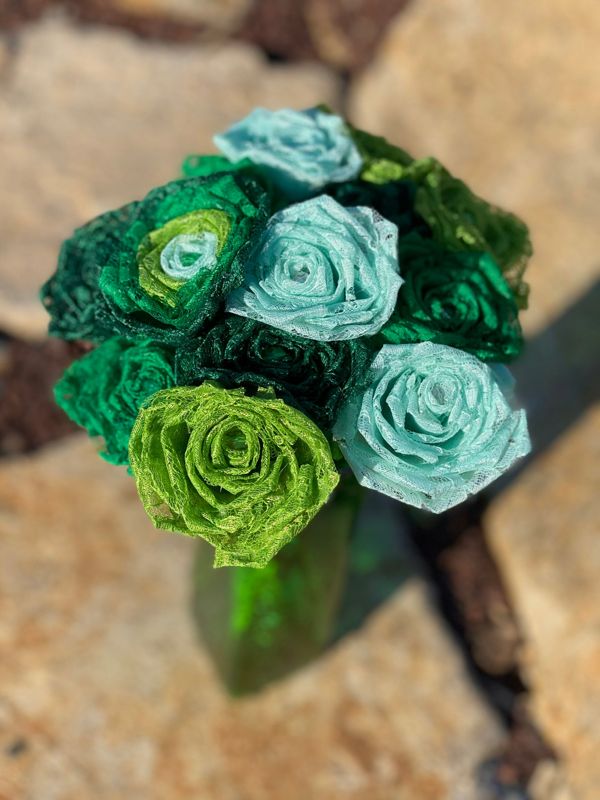 Asst Green Lace Roses with Stems, Lace Flower Bouquet, Lace Flower, Lace Roses, 13th Wedding Anniversary Gift, Lace Gift for Her, Thirteenth