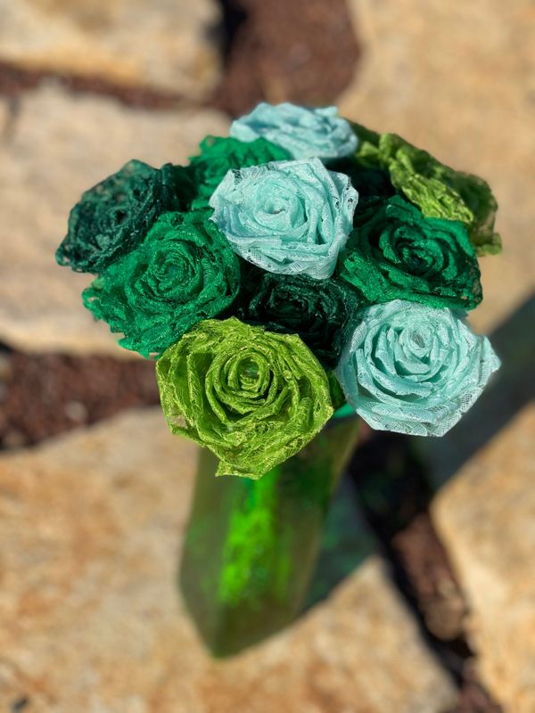 Asst Green Lace Roses with Stems, Lace Flower Bouquet, Lace Flower, Lace Roses, 13th Wedding Anniversary Gift, Lace Gift for Her, Thirteenth