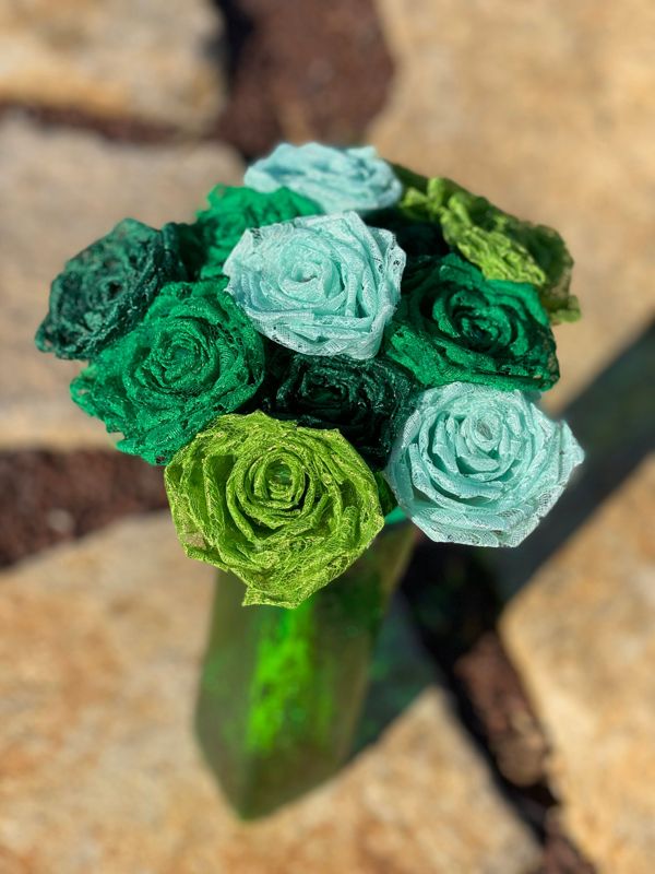 Asst Green Lace Roses with Stems, Lace Flower Bouquet, Lace Flower, Lace Roses, 13th Wedding Anniversary Gift, Lace Gift for Her, Thirteenth