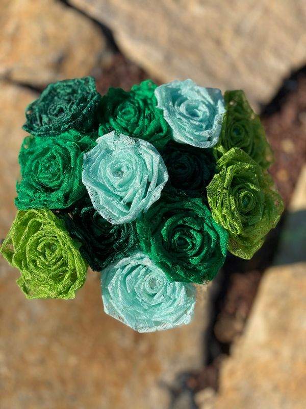 Asst Green Lace Roses with Stems, Lace Flower Bouquet, Lace Flower, Lace Roses, 13th Wedding Anniversary Gift, Lace Gift for Her, Thirteenth