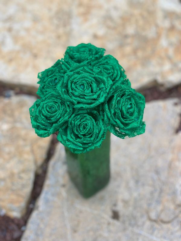 Kelly Green Lace Roses with Stems, Lace Flower Bouquet, Lace Flower, Lace Rose, 13th Wedding Anniversary Gift, Lace Gift for Her, Thirteenth