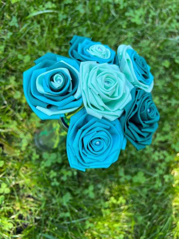 Teal Fabric Roses with Stems, Teal Ombré Flower Bouquet, Teal Rose, Teal Ombré Roses, Cotton Anniversary, Second Anniversary, Gift for Her