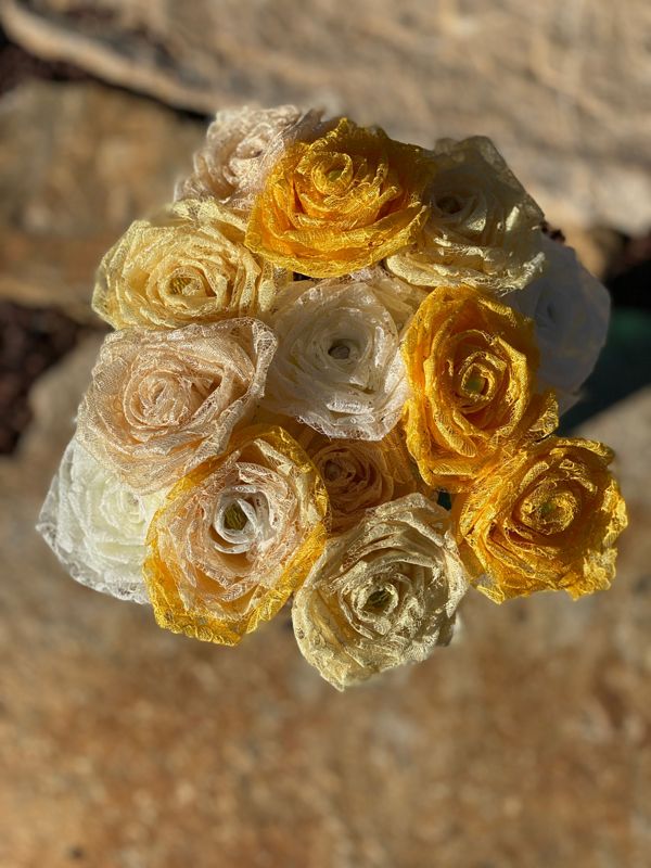 Assorted Yellow Lace Roses with Stems, Lace Bouquet, Lace Flowers, Lace Roses, 13th Wedding Anniversary Gift, Lace Gift for Her, Thirteenth