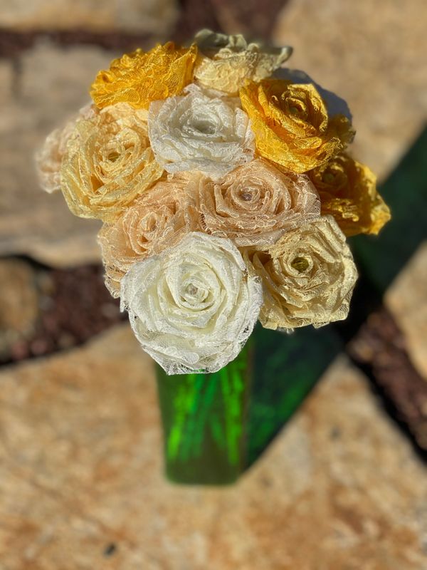 Assorted Yellow Lace Roses with Stems, Lace Bouquet, Lace Flowers, Lace Roses, 13th Wedding Anniversary Gift, Lace Gift for Her, Thirteenth