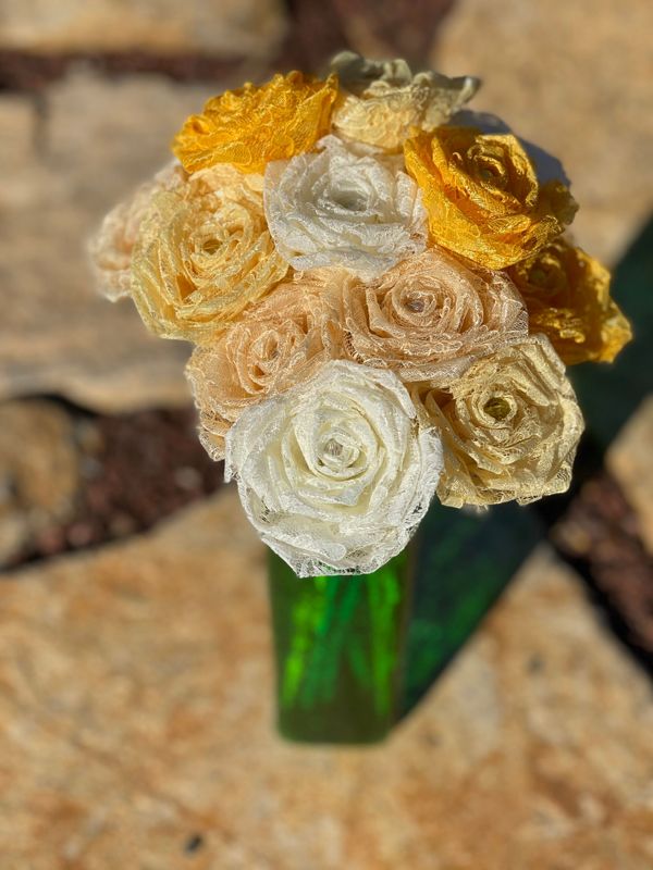 Assorted Yellow Lace Roses with Stems, Lace Bouquet, Lace Flowers, Lace Roses, 13th Wedding Anniversary Gift, Lace Gift for Her, Thirteenth