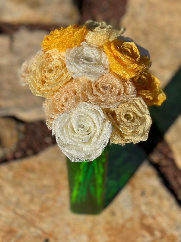 Assorted Yellow Lace Roses with Stems, Lace Bouquet, Lace Flowers, Lace Roses, 13th Wedding Anniversary Gift, Lace Gift for Her, Thirteenth