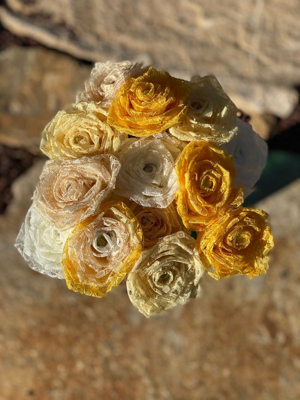 Assorted Yellow Lace Roses with Stems, Lace Bouquet, Lace Flowers, Lace Roses, 13th Wedding Anniversary Gift, Lace Gift for Her, Thirteenth