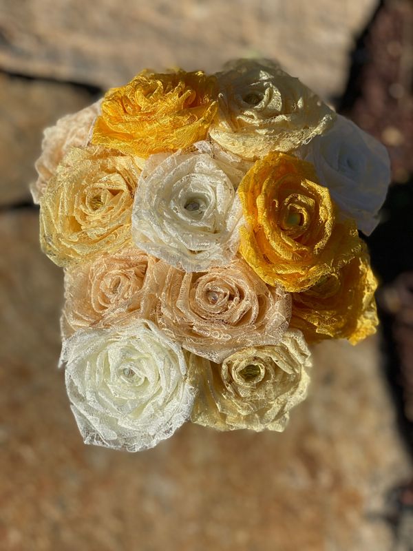 Assorted Yellow Lace Roses with Stems, Lace Bouquet, Lace Flowers, Lace Roses, 13th Wedding Anniversary Gift, Lace Gift for Her, Thirteenth