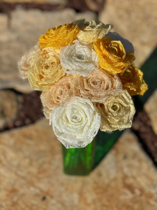 Assorted Yellow Lace Roses with Stems, Lace Bouquet, Lace Flowers, Lace Roses, 13th Wedding Anniversary Gift, Lace Gift for Her, Thirteenth