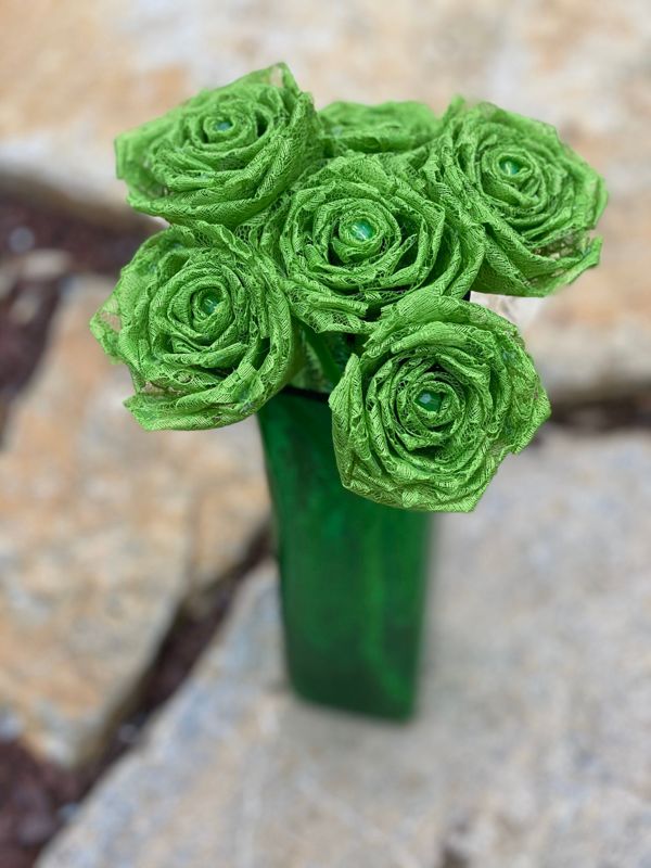 Lime Green Lace Roses with Stems, Lace Flower Bouquet, Lace Flower, Lace Roses, 13th Wedding Anniversary Gift, Lace Gift for Her, Thirteenth