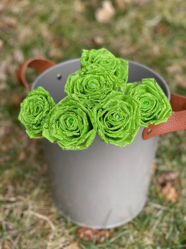 Lime Green Lace Roses with Stems, Lace Flower Bouquet, Lace Flower, Lace Roses, 13th Wedding Anniversary Gift, Lace Gift for Her, Thirteenth